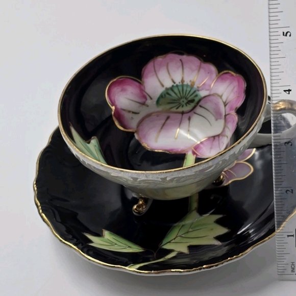 Japan Black Pink Floral Fine Bone China Teacup and Saucer - Picture 10 of 11